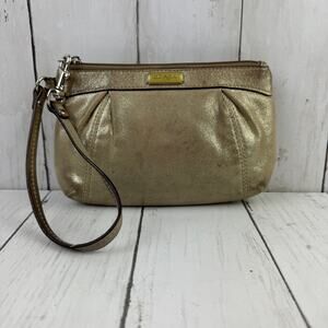 Coach Gold Leather Zip Top Wristlet Clutch Wallet Bag